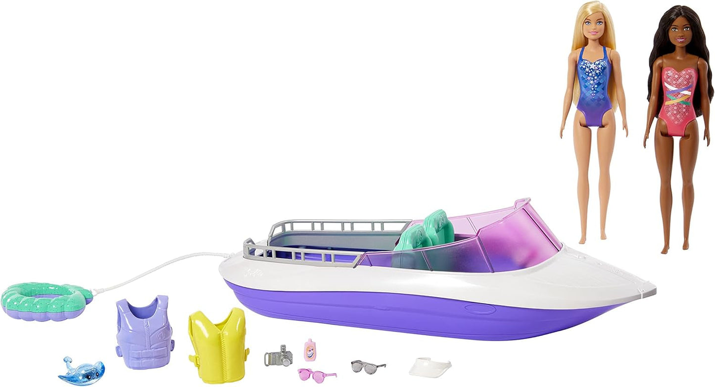 Barbie HHG60 - Bateau à moteur sirène avec 2 poupées (blonde/brune) et divers accessoires, jouet pour enfants à partir de 3 ans