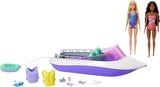 Barbie HHG60 - Bateau à moteur sirène avec 2 poupées (blonde/brune) et divers accessoires, jouet pour enfants à partir de 3 ans