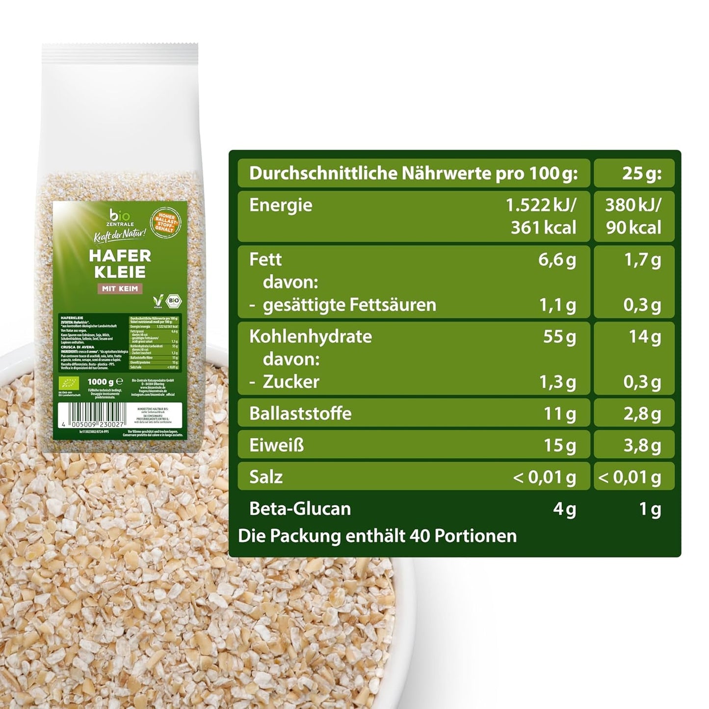 Son d'avoine bio Biocentral 1 kg | Forfait avantageux | Source de protéines riche en fibres | Naturellement végétalien | De l'agriculture de l'UE | Faible teneur en sucre