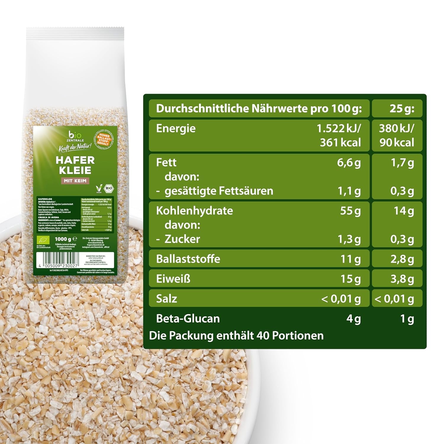 Son d'avoine bio Biocentral 1 kg | Forfait avantageux | Source de protéines riche en fibres | Naturellement végétalien | De l'agriculture de l'UE | Faible teneur en sucre