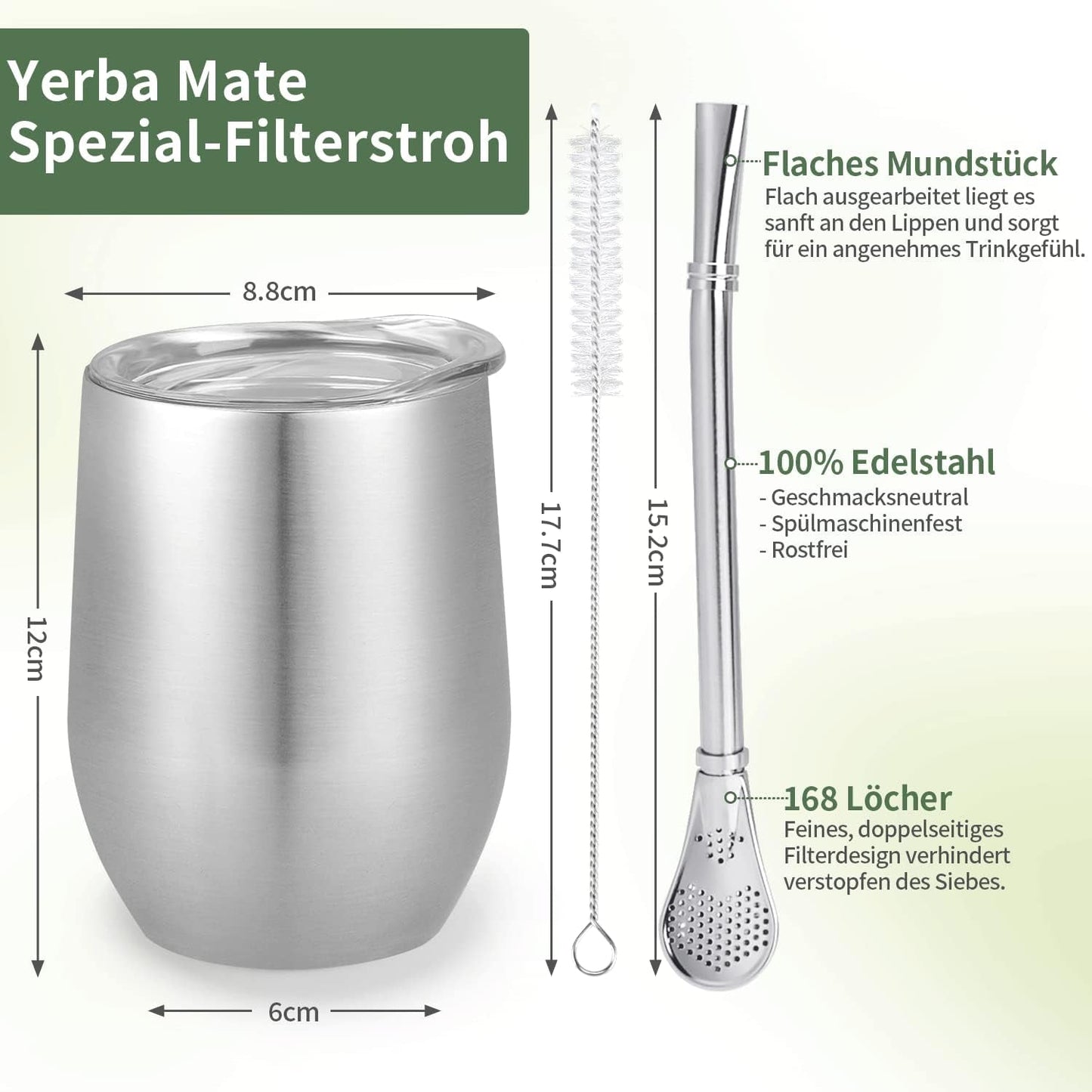 Tasse Mate moderne 340 ml, ensemble de tasses isothermes à double paroi en acier inoxydable Yerba Mate, tasse à thé Mate avec couvercle sans BPA, bombillas et brosse de nettoyage (argent)