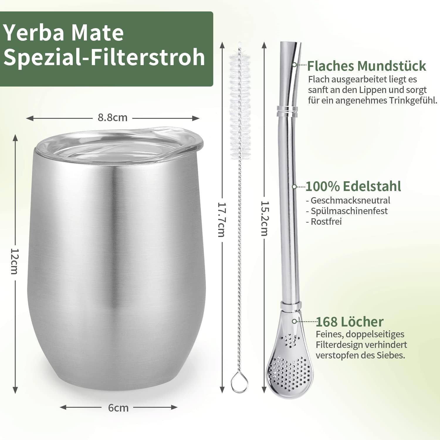 Tasse Mate moderne 340 ml, ensemble de tasses isothermes à double paroi en acier inoxydable Yerba Mate, tasse à thé Mate avec couvercle sans BPA, bombillas et brosse de nettoyage (argent)