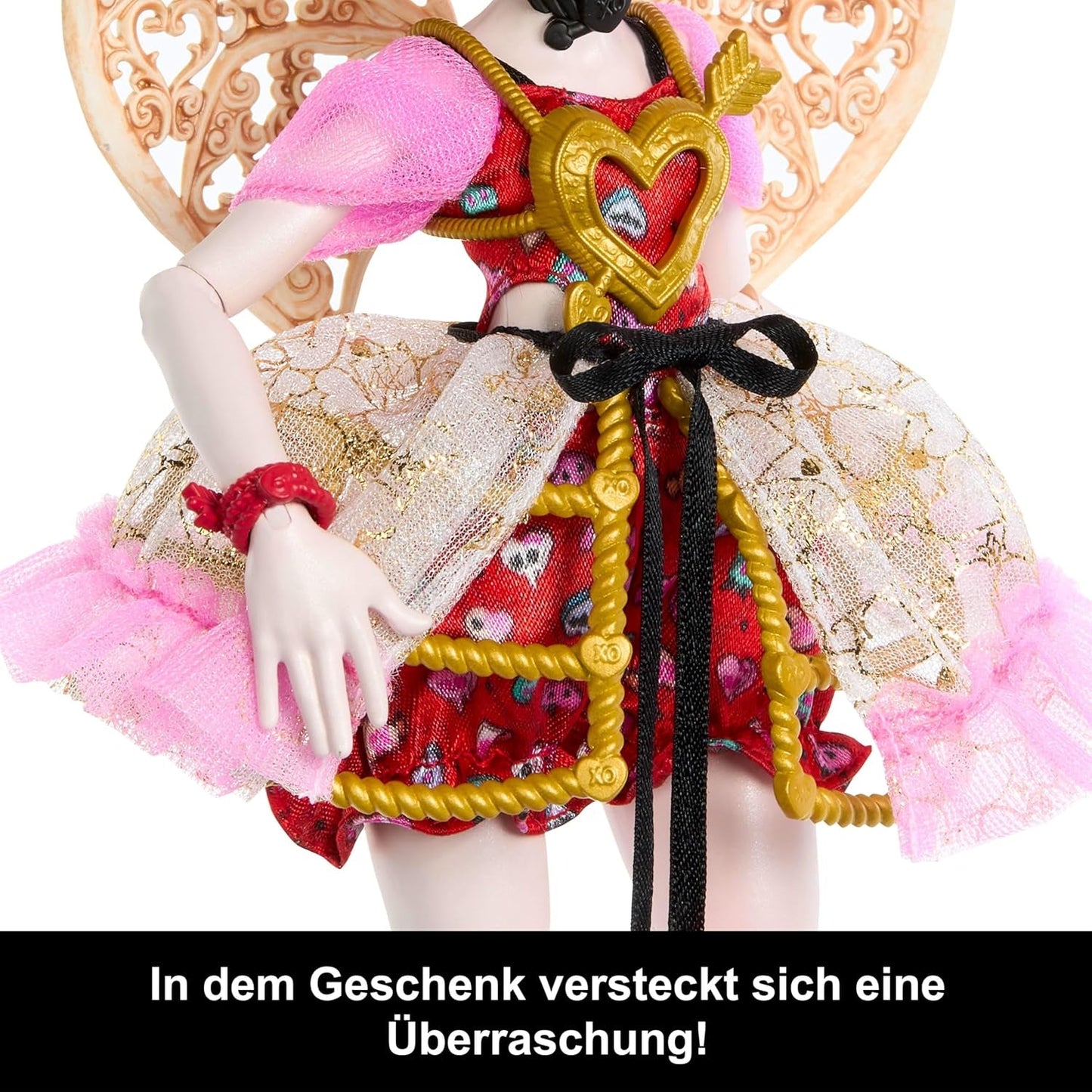 Poupée Monster High Scary Sweet Birthday Cupidon Asteria en robe de soirée rose et rouge avec accessoires à thème comme une invitation, un ballon, un cadeau et plus encore, JBG77