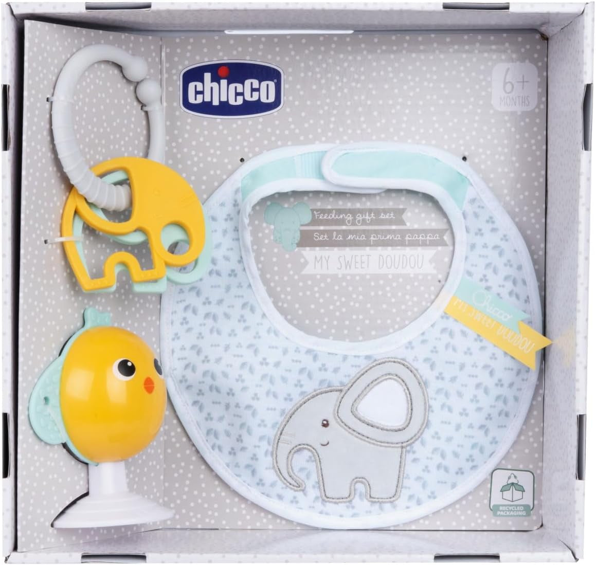 Coffret repas Chicco Dou Dou, set bavoir, jouet chaise haute avec ventouse en forme de poulet mignon, avec deux hochets colorés, facile à attraper à partir de 6 mois Baby Toys Naty Shop Titre par défaut