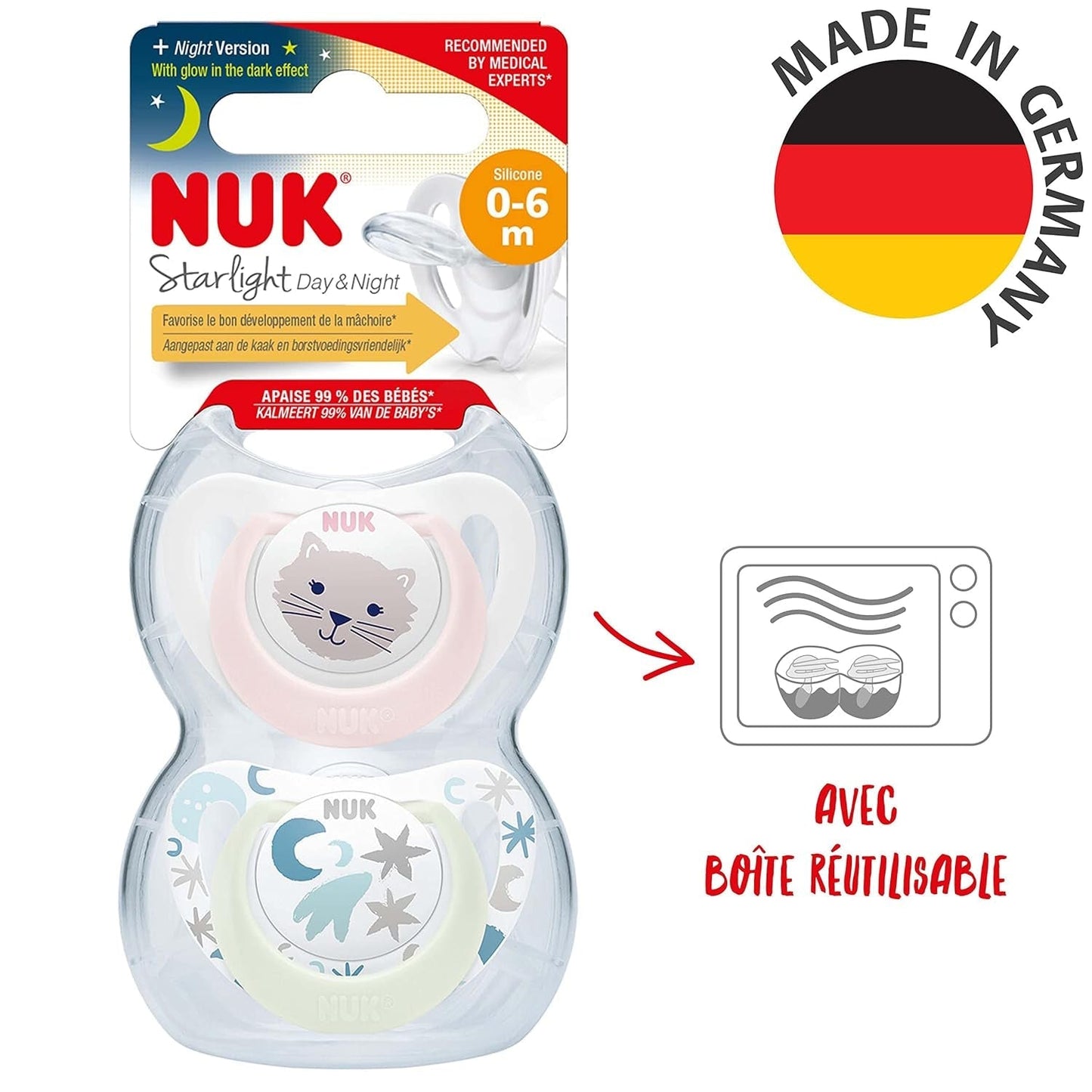 NUK Star Night & Day Sucette pour bébé 0-6 mois Glow in the Dark Silicone sans BPA Chat Rose Lot de 2