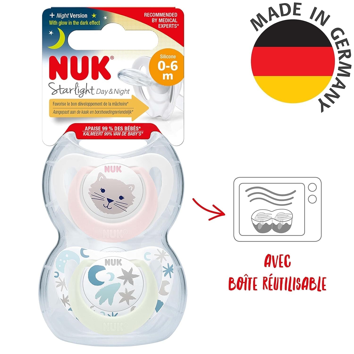 NUK Star Night & Day Sucette pour bébé 0-6 mois Glow in the Dark Silicone sans BPA Chat Rose Lot de 2
