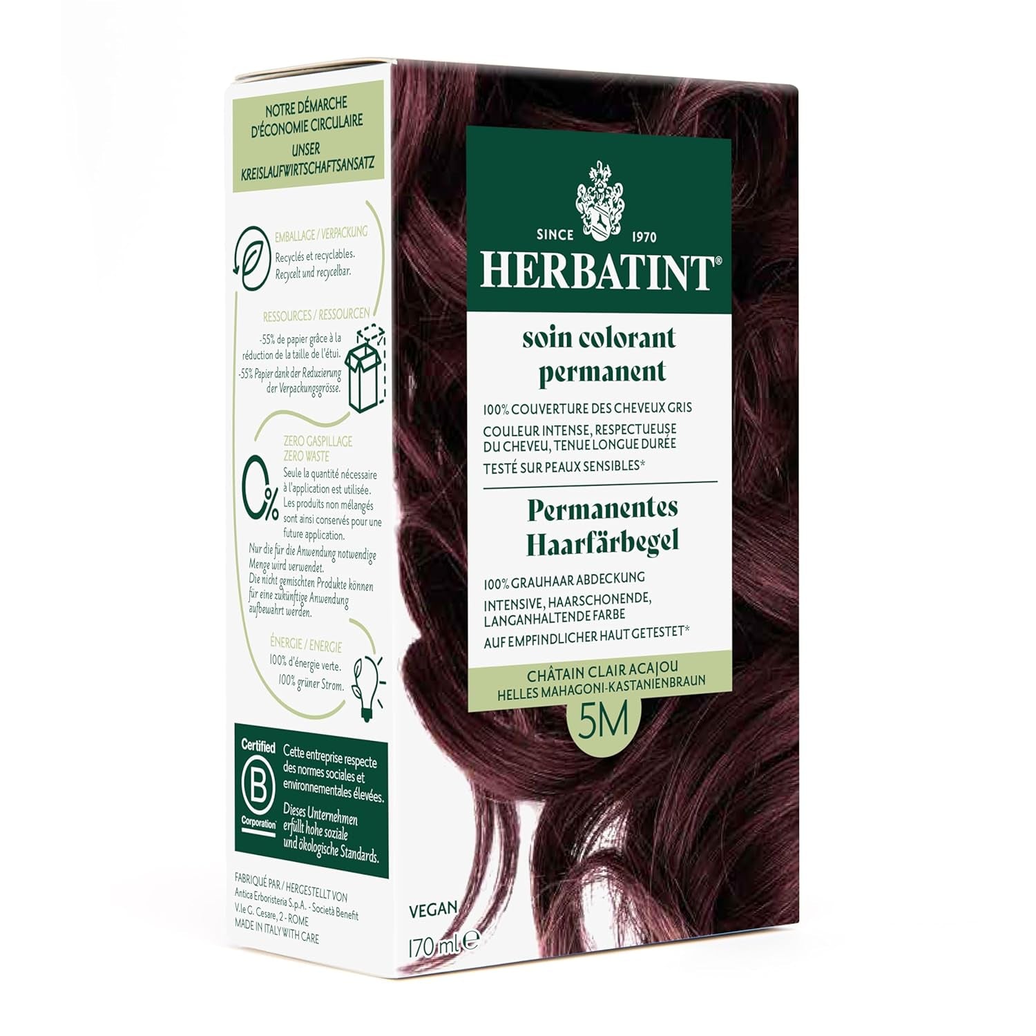 Gel colorant capillaire permanent 6N Blond foncé - 170 ml I Sans ammoniaque, couverture à 100% des cheveux gris I Testé sur peaux sensibles, aux 8 extraits végétaux Teinture capillaire Naty Shop 5M Châtain acajou clair