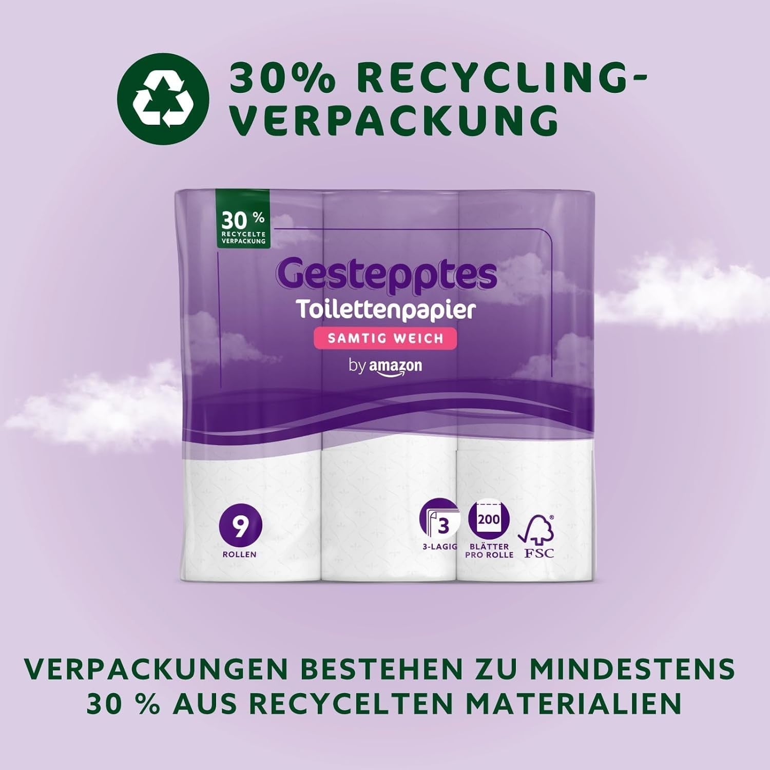 By Amazon Papier toilette matelassé 3 épaisseurs, doux et velouté, 36 rouleaux (9 rouleaux, lot de 4), 200 feuilles par rouleau, certifié Fsc