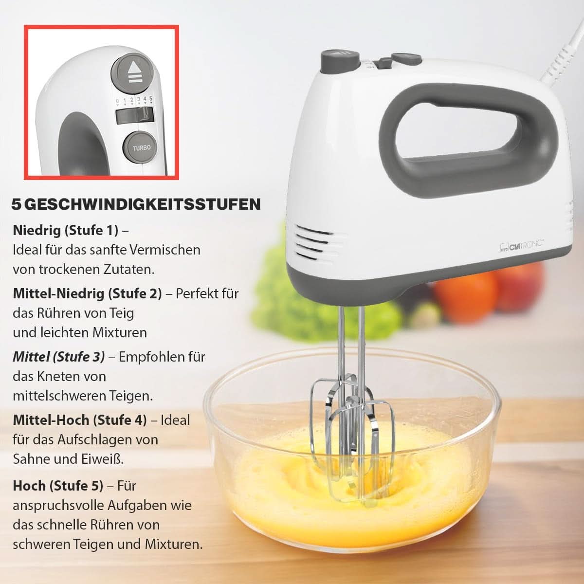 Mélangeur Clatronique | Moteur Kraftvoller 400 watts | Batteur à main | Turbostufe & 5 Geschwindigkeitsstufen | Batteur à main | Spülmaschinengeeignete Edelstahlquirle Und -Knethaken | HM 3775 Cuisine Naty Shop