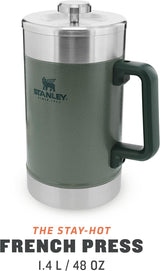STANLEY Classic Stay Hot Coffee Press 1,4 L Hammertone Green - Garde le café chaud pendant 4 heures - Sédiment minimal - Presse à café intégrée en acier inoxydable - Sans BPA - Passe au lave-vaisselle