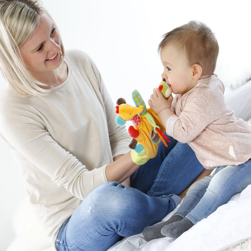 Fehn Play Glove Safari - Marionnettes à doigts pour bébé - Singe et éléphant pour saisir et faire des bruits - Livre d'images doux Bruno - Livre tactile pour enfants avec motifs d'animaux Jouets pour bébés Naty Shop