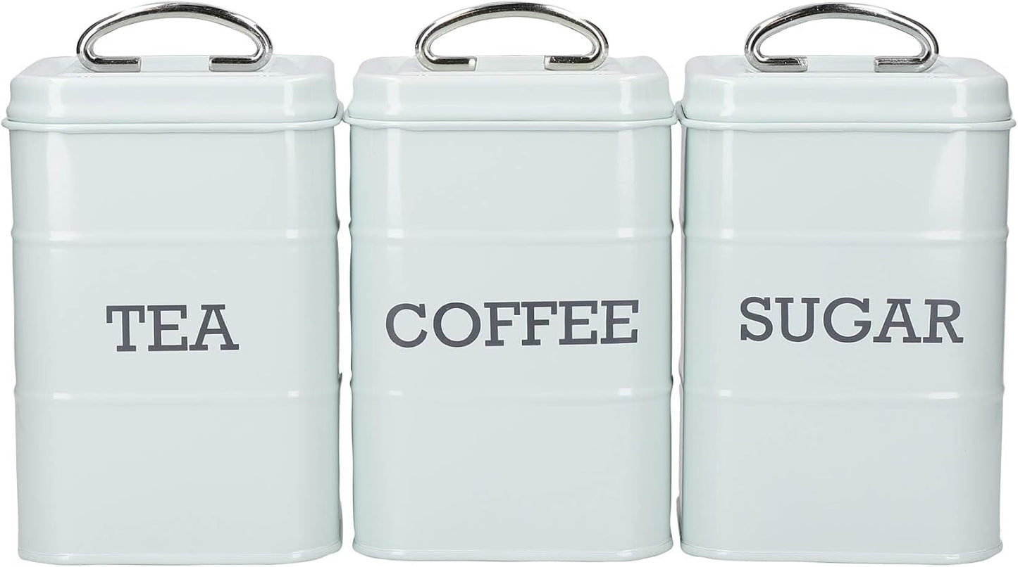 KitchenCraft Living Nostalgia Lot de 3 pots de conservation pour thé, sucre, café dans une boîte cadeau en acier crème antique 11 cm x 11 cm x 17 cm Boîtes de conservation vintage bleu Naty Shop crème antique