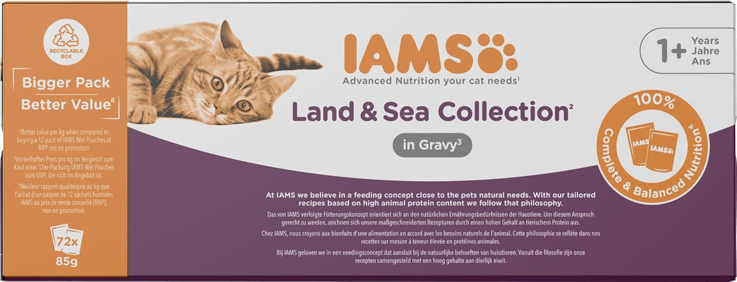 IAMS Delights Land & Sea Collection Nourriture humide pour chats - Assortiment de viande et de poisson multipack en sauce, nourriture humide pour chats à partir de 1 an, 72 x 85 g