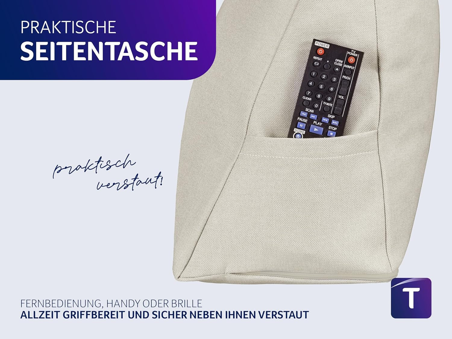 Traumnacht Cosy Back Oreiller de lecture 70 x 40 cm beige Housse amovible et lavable en 100 % polyester Poche latérale pratique Certifié Oeko-Tex Produit selon les normes de qualité allemandes