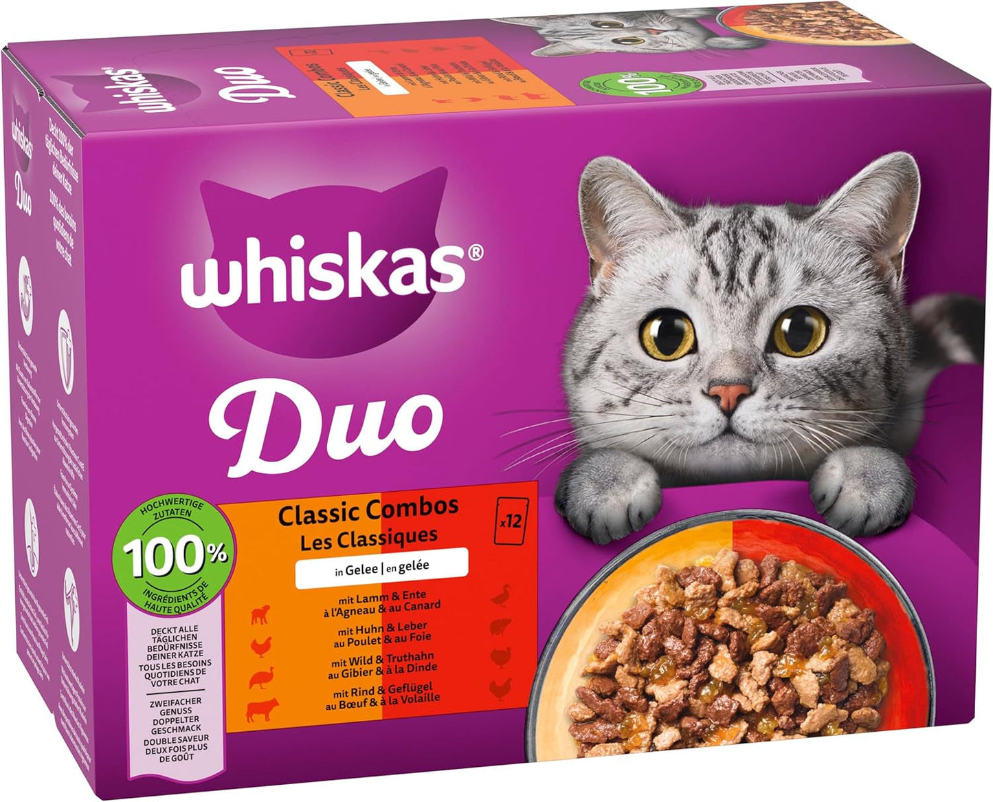 WHISKAS Duo Sachets pour portions de nourriture humide, multipack, combinaison classique en gelée, 12 x 85 g