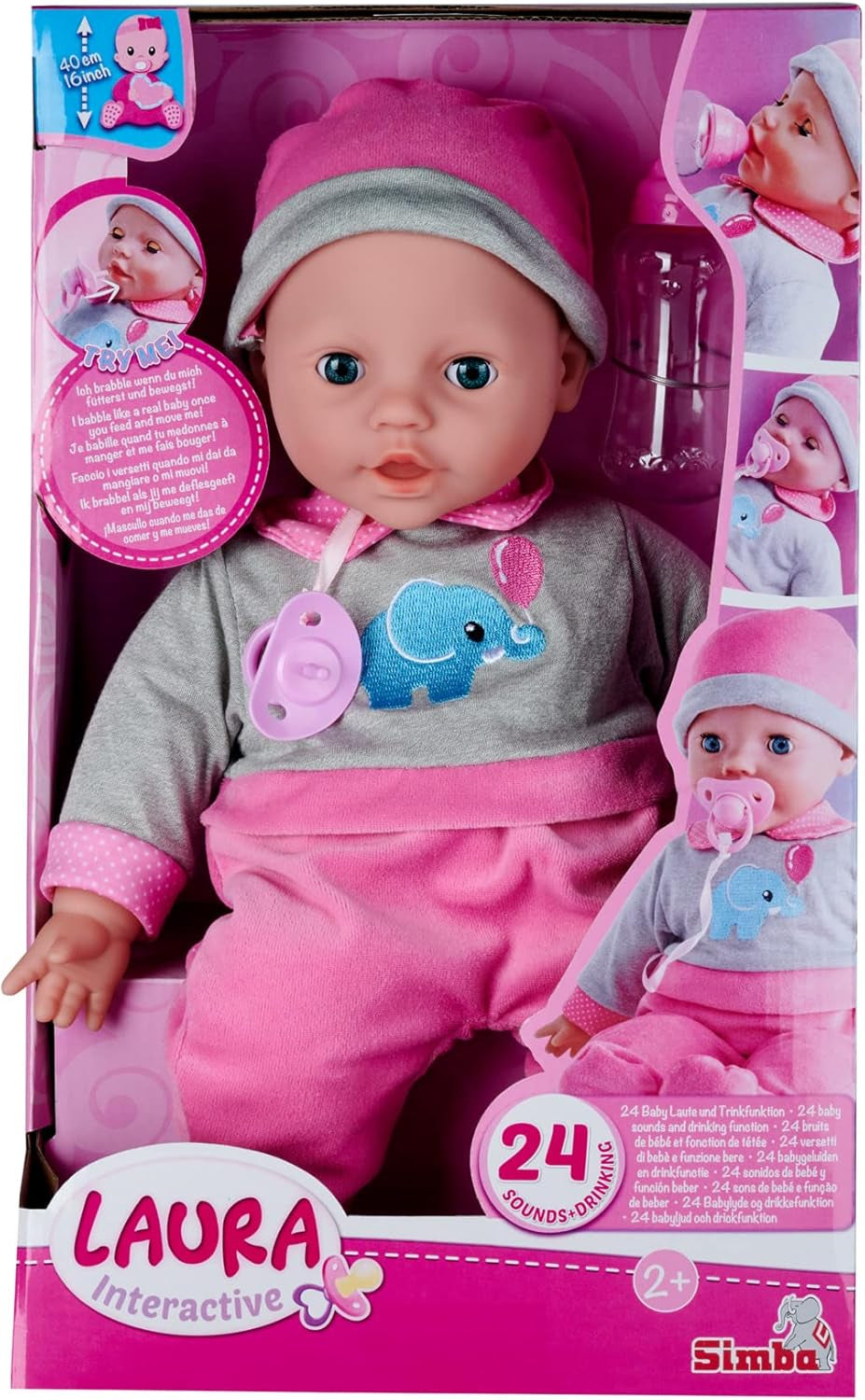 Simba 105140066 - Laura Interactive, poupée au corps doux aux yeux endormis, babille lorsqu'on la bouge, boit au biberon et s'endort, 40 cm, poupée pour enfants à partir de 2 ans