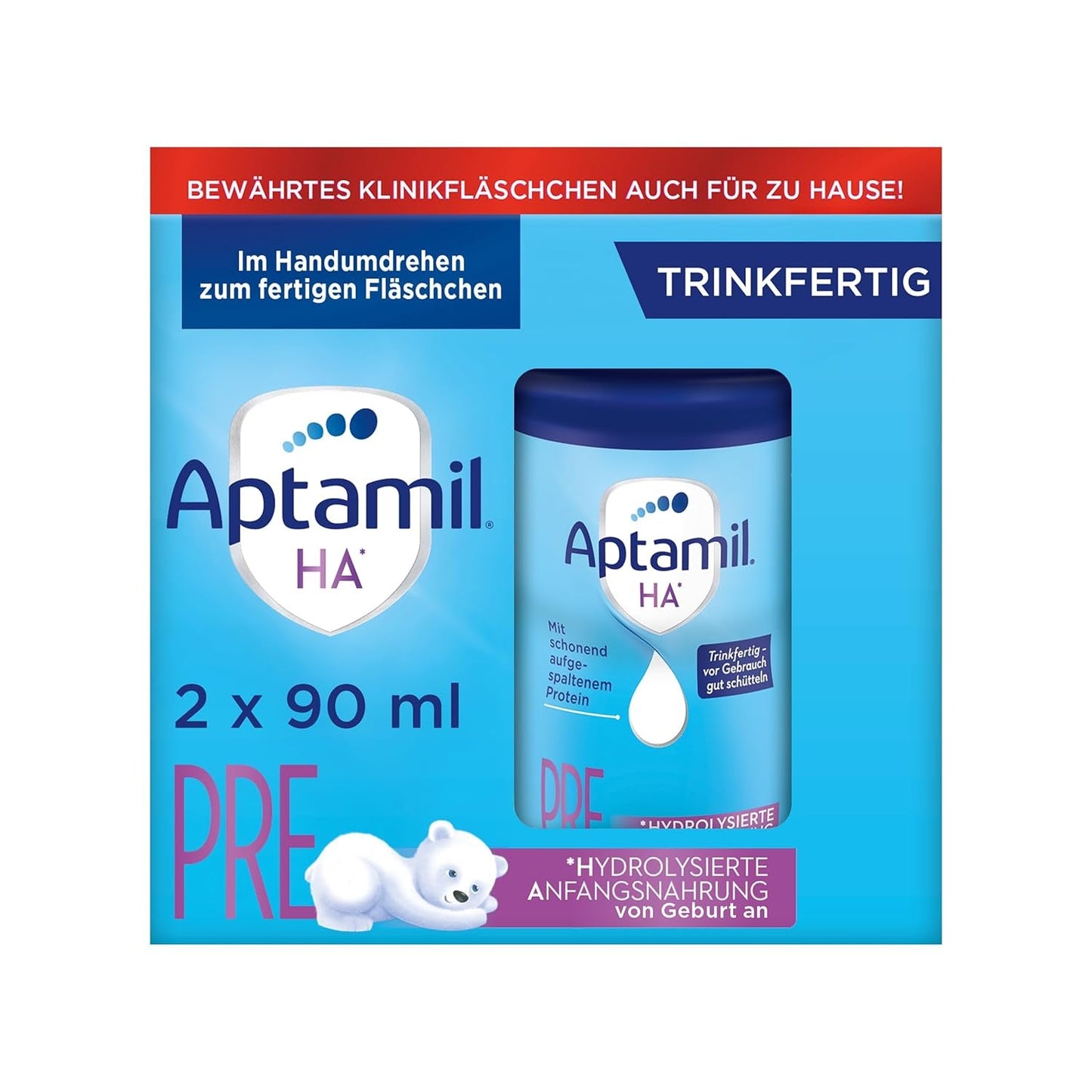 Aptamil HA Pré Prêt à Boire – Lait hydrolysé pour nourrissons dès la naissance – 4 x 2 x 90 ml