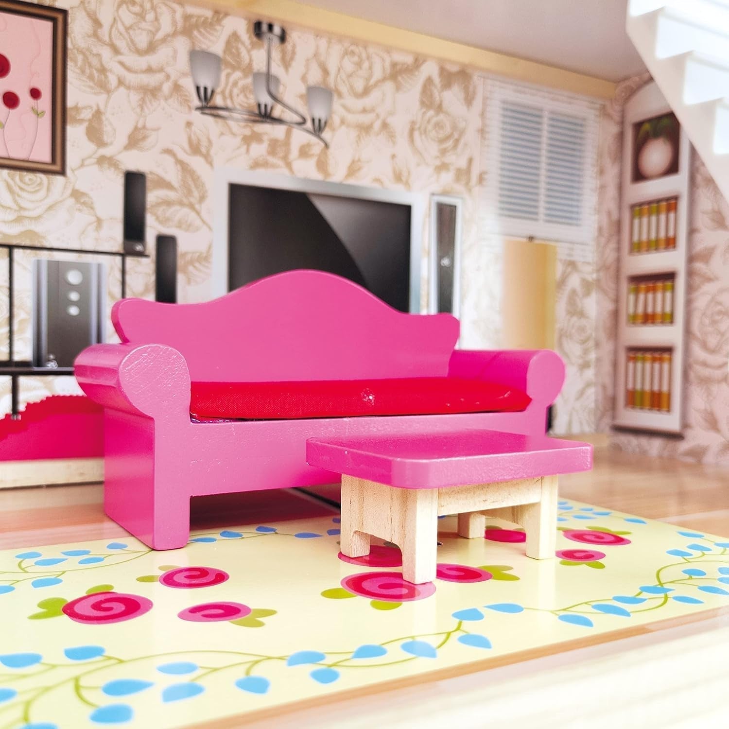 Bino World of Toys Maison de poupée avec balcon, jouet pour les tout-petits à partir de 3 ans, avec 3 étages, escaliers, 4 pièces et balcon incl. 15-TLG. Accessoires, Pour promouvoir les compétences des enfants, Maisons de poupées design rose Naty Shop