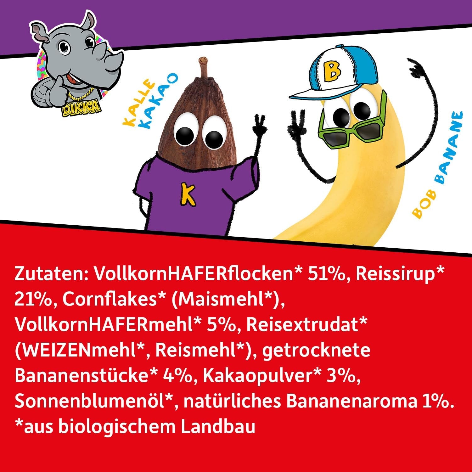 FRECHE FREUNDE KIDS, Bobs & DIKKAs Muesli croquant à la banane et au cacao, Muesli croquant au chocolat pour enfants, faible teneur en sucre, sans additifs, 100 % végétalien, 6 pièces (6 x 280 g)