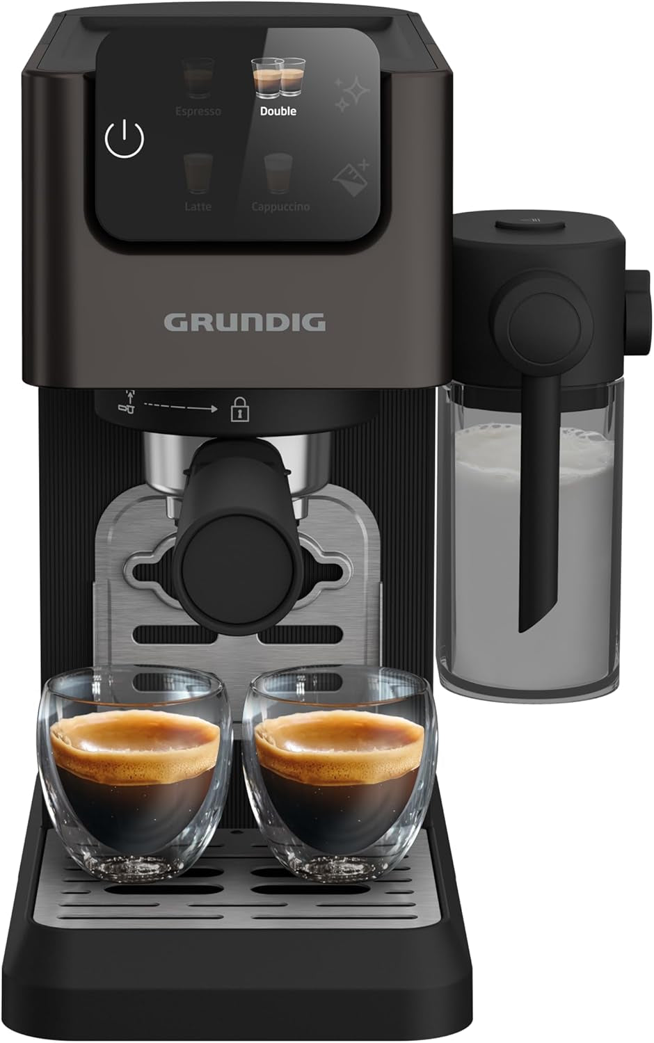 Machine à expresso porte-filtre GRUNDIG KSM 5330 avec réservoir à lait intégré, puissance 1628 W, pression de pompe 15 bar, double buse, écran tactile couleur, BrewSense, CreamyPro, acier inoxydable foncé/noir