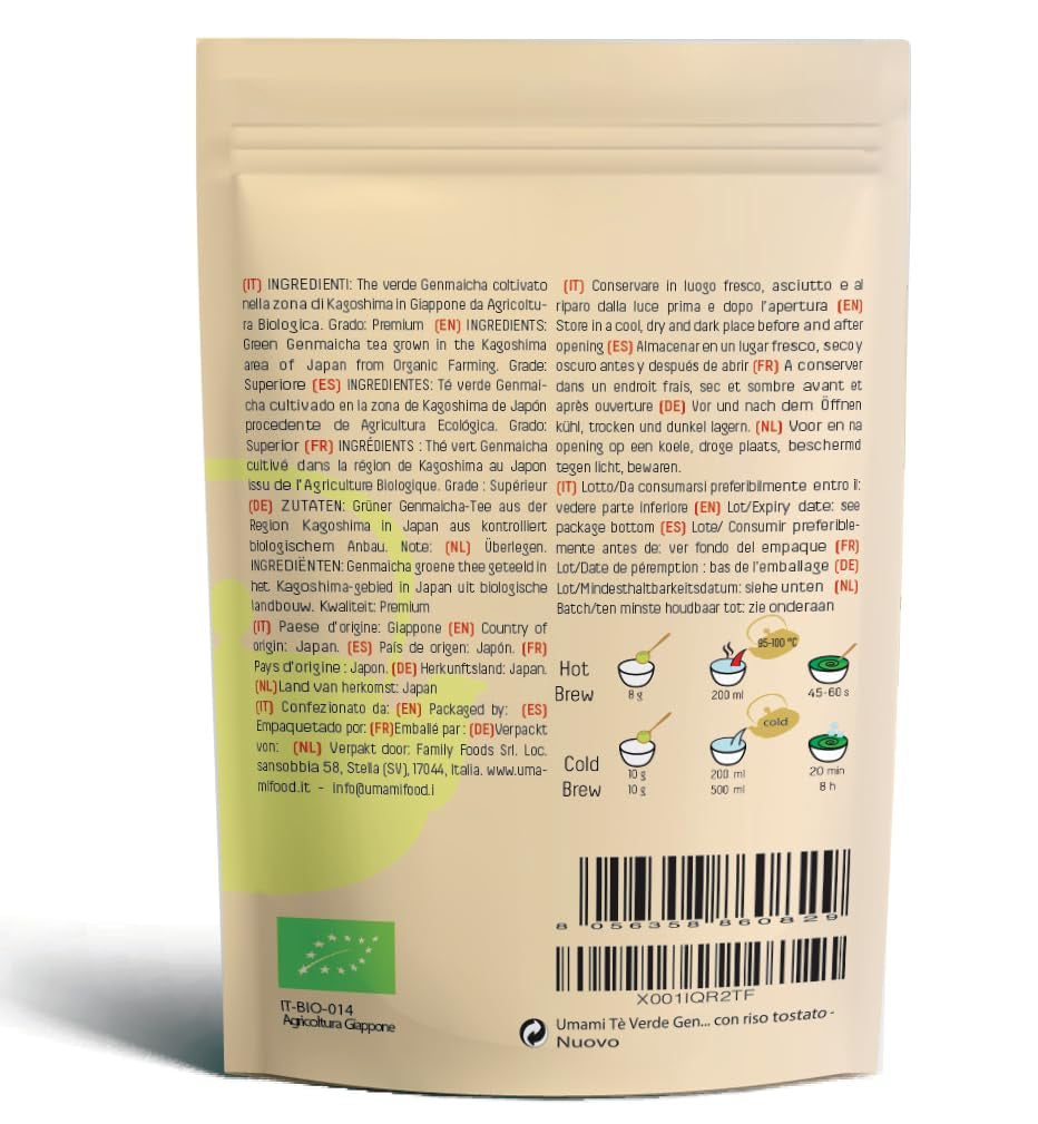 Thé vert Umami Bio Genmaicha issu des cultures japonaises, 100g - Feuilles de thé au riz frit -
