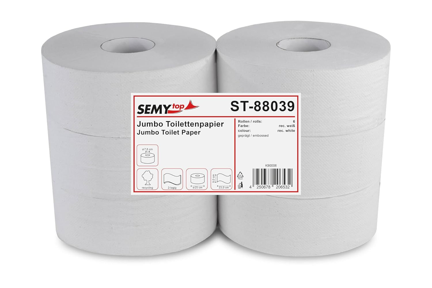 Papier toilette Jumbo Semi Top ST-88039, 2 épaisseurs, recyclé, diamètre 25 cm (paquet de 6)
