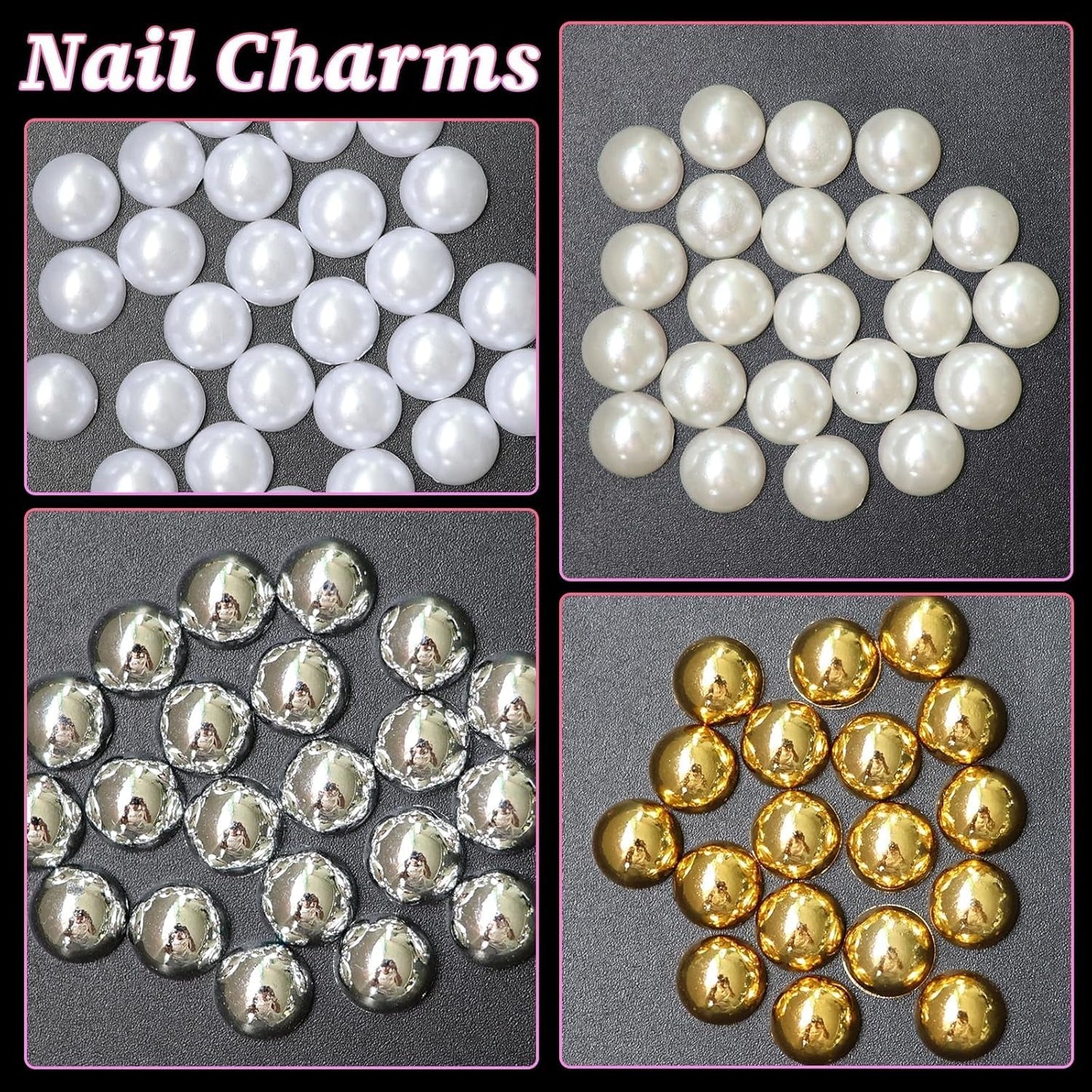 GZMAYUEN 920 pièces perles à dos plat or argent pour ongles, perles à ongles demi-brun blanc beige, petites perles à dos plat demi-brun pour décoration d'art d'ongle bricolage