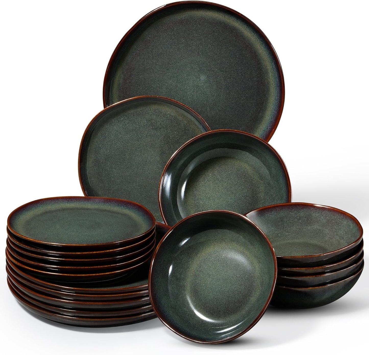 Service de table pour 6 personnes, 18 pièces, bols à céréales ronds irréguliers, assiettes à dessert, assiettes plates, résistant aux rayures, passe au micro-ondes, vert mousse réactif