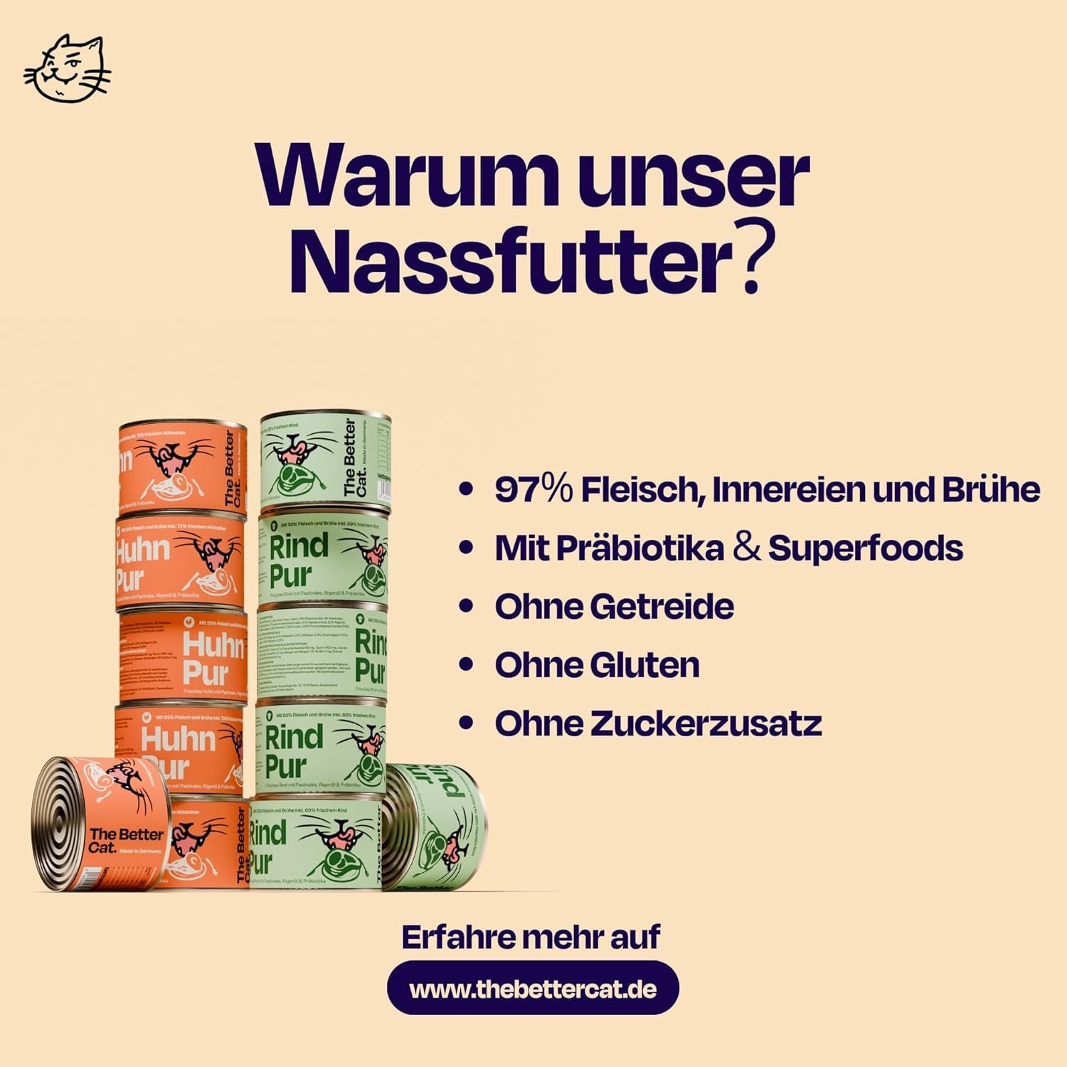 The Better Cat - Nourriture humide sans céréales à très haute teneur en viande - Nourriture pour chats de qualité supérieure, sans céréales et sans sucre (200g, Poulet)