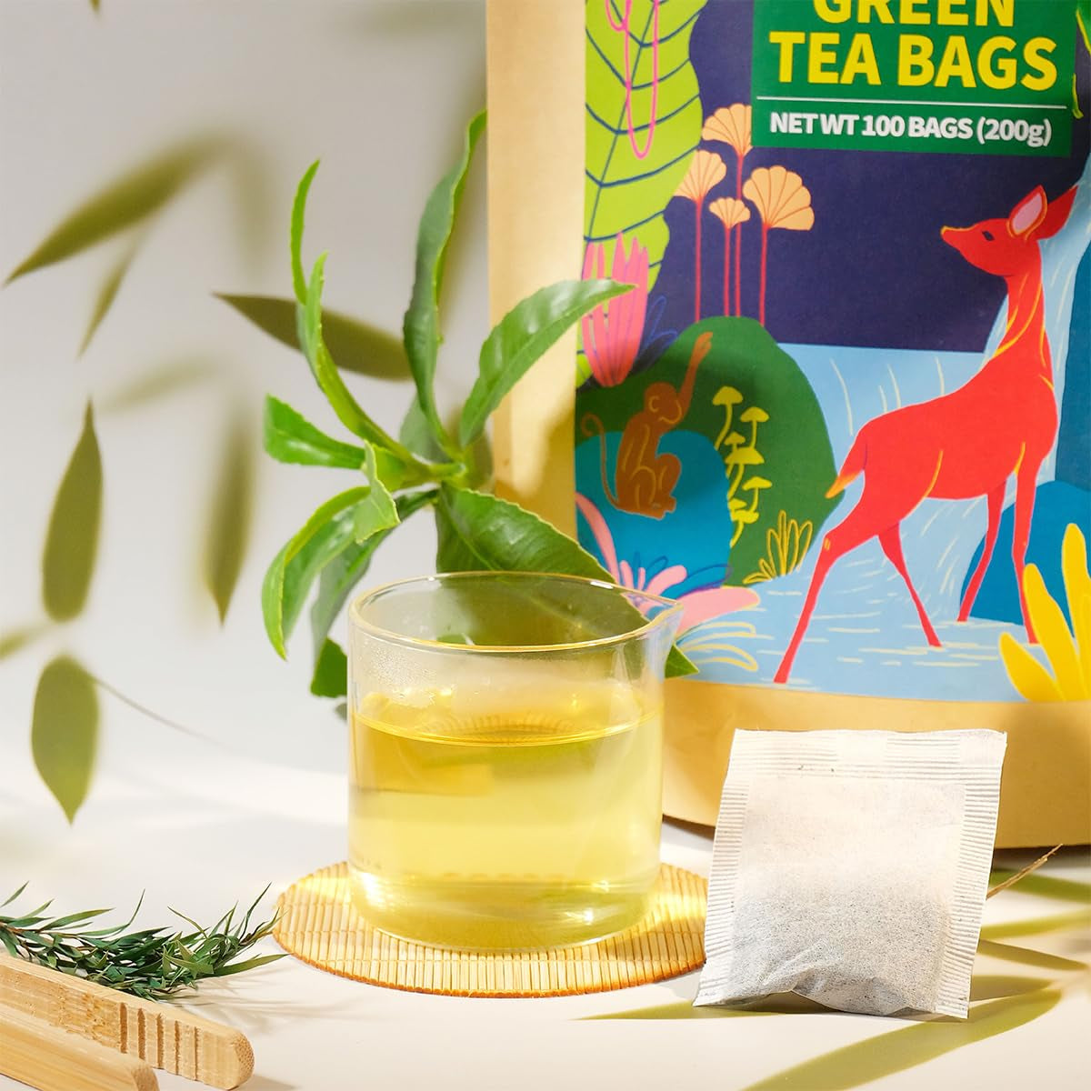 WEETEE Sachets de thé vert, 100 sachets de thé vert, thé vert pur, super antioxydant | Sachets refermables | Préparation chaude ou froide