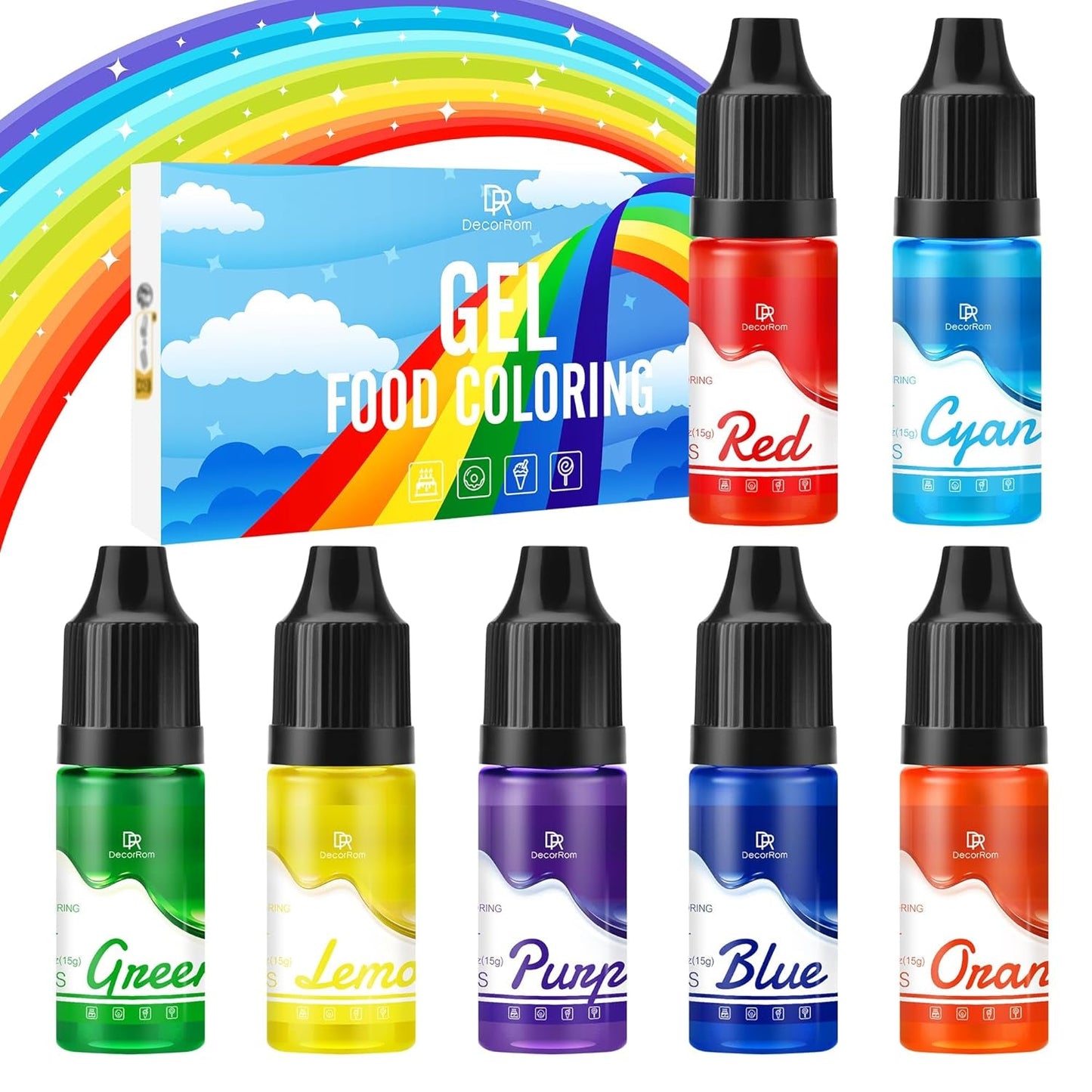 Colorant Alimentaire en Gel - 7 x 15 ml Colorant Alimentaire Concentré Couleur Arc-en-Ciel pour Décoration de Gâteaux, Cuisson, Biscuits, Macarons - Colorant Alimentaire Sans Sucre pour Boissons, Décoration de Gâteaux, Slime DIY