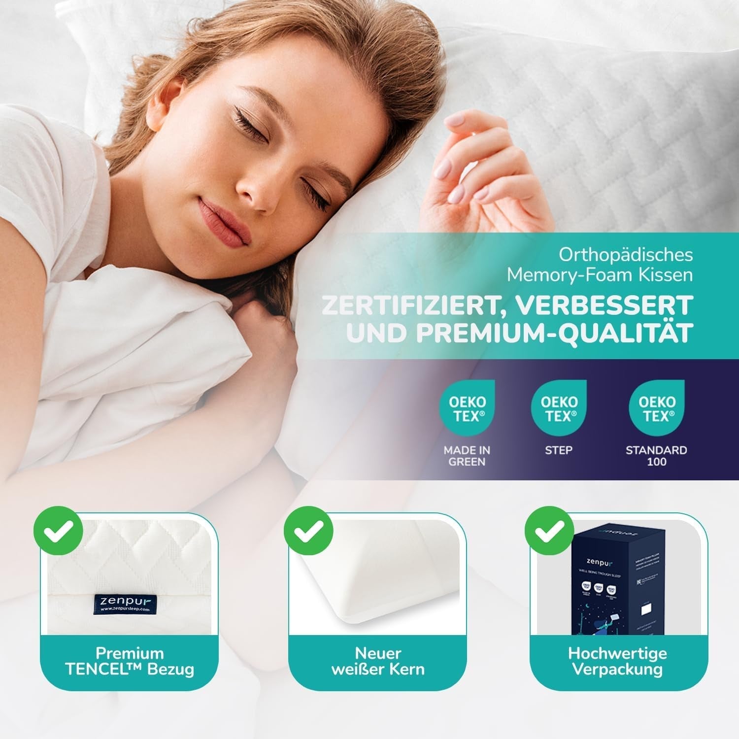 ZenPur Oreiller orthopédique cervical 40 x 60-13 cm, oreiller de tête en mousse à mémoire de forme – Oreiller de sommeil ergonomique pour le cou et les épaules, certifié Oeko-TEX