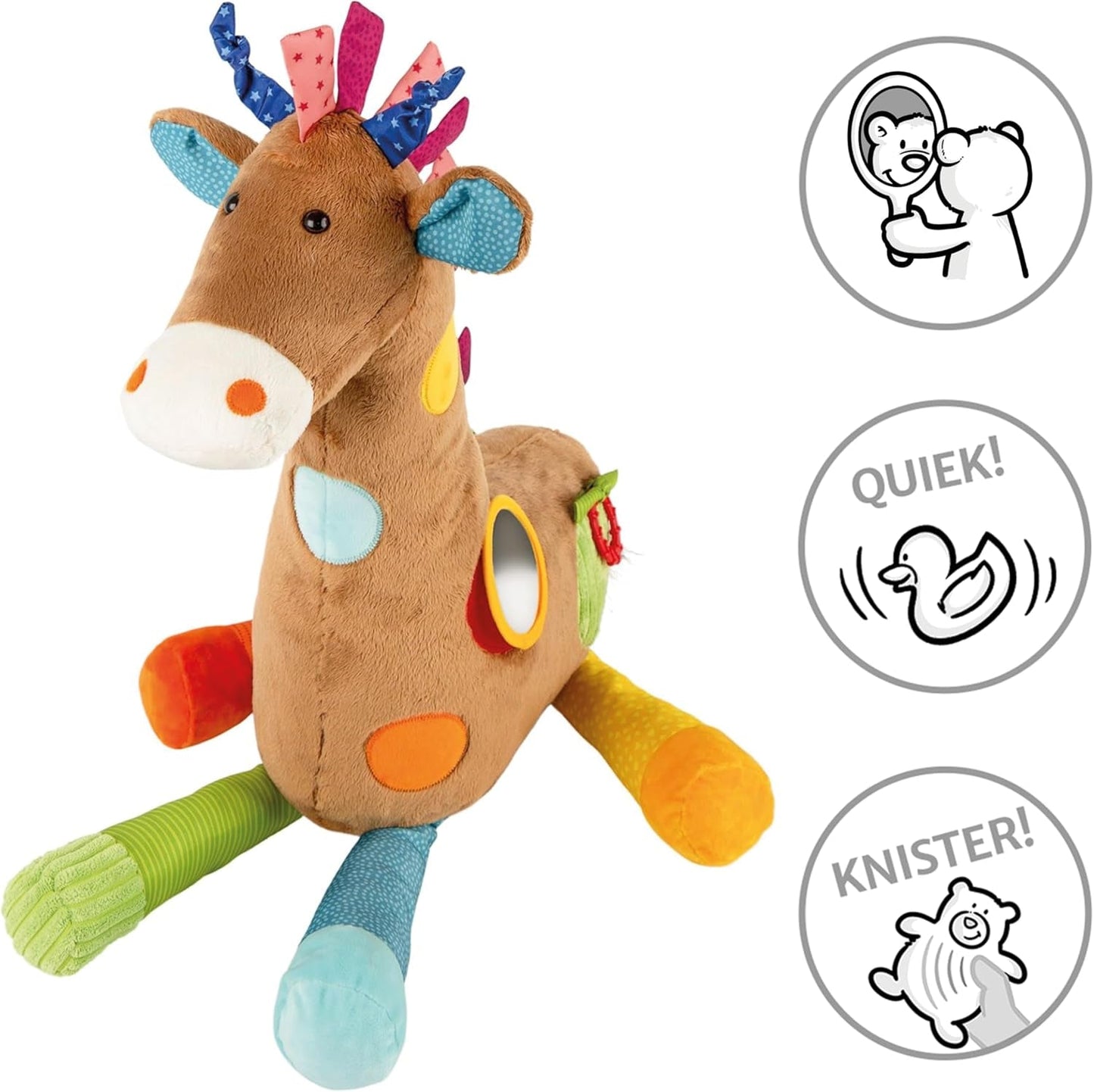 SIGIKID 42863 Jouet Bébé Girafe XXL, Jouet Éducatif PlayQ, Peluche avec Anneau de Dentition, Hochet, Miroir, Couinant, pour Bébés et Enfants à partir de 3 Mois, Multicolore/Girafe 72cm Jouets Bebe Naty Shop