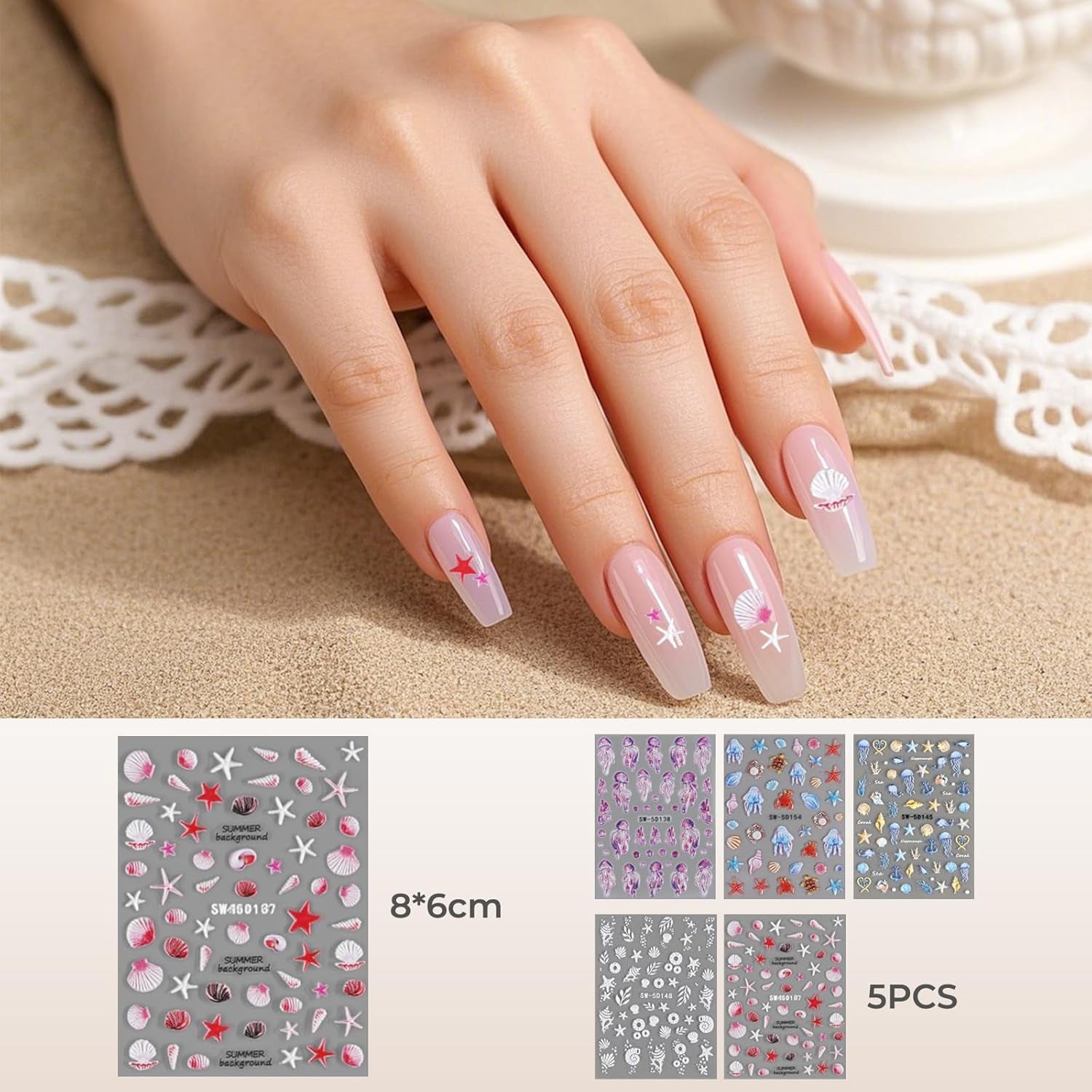 5 pièces 5D autocollants pour ongles en relief motif océan breloques pour ongles océan été autocollants pour ongles coquillages animaux marins autocollants mignons pour la conception des ongles accessoires de conception des ongles