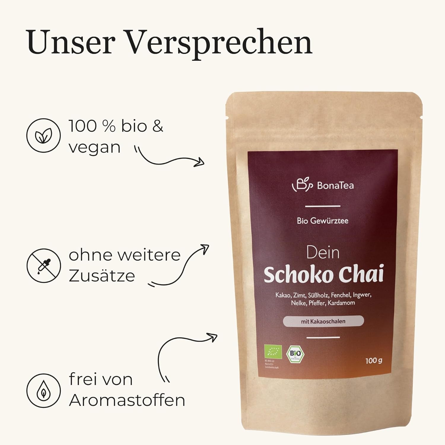 Thé épicé BIO Schoko Chai sans sucre, avec cabosses de cacao, cannelle, réglisse et autres épices aromatiques Chai, 100 g