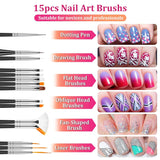 Ensemble de pinceaux et de décorations pour ongles, ensemble de pinceaux de décoration pour ongles, 15 pinceaux, 5 autocollants pour pinceaux, 5 stylos à pois, strass, paillettes ultra fines pour vernis à ongles