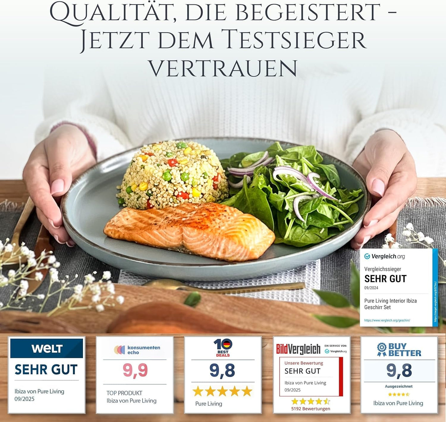 Steingut Geschirrset 6 Personen Rustique 24 tlg. TESTSIEGER, Hochwertiges Landhaussttil Steingut Geschirr Set, Schüssel- und Teller Set, Tafelservice 6 Personen, Geschirrsets Pure Living à Rauchblau