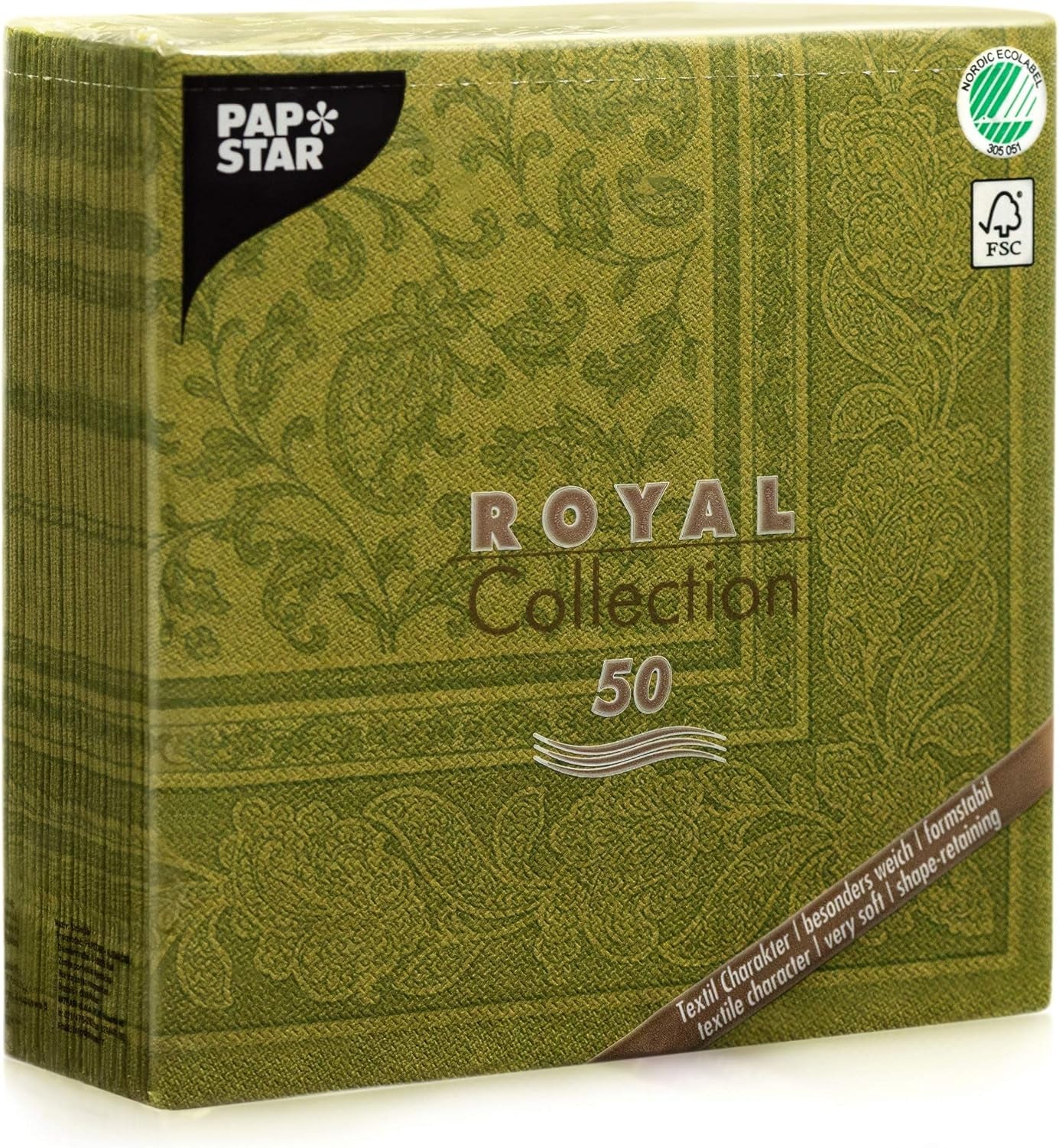 Papstar, 50 serviettes "Collection ROYAL" pli 1/4 40 Cm X 40 Cm vert olive "Ornements", #81746