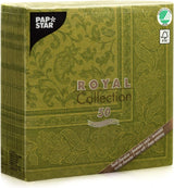 Papstar, 50 serviettes "Collection ROYAL" pli 1/4 40 Cm X 40 Cm vert olive "Ornements", #81746