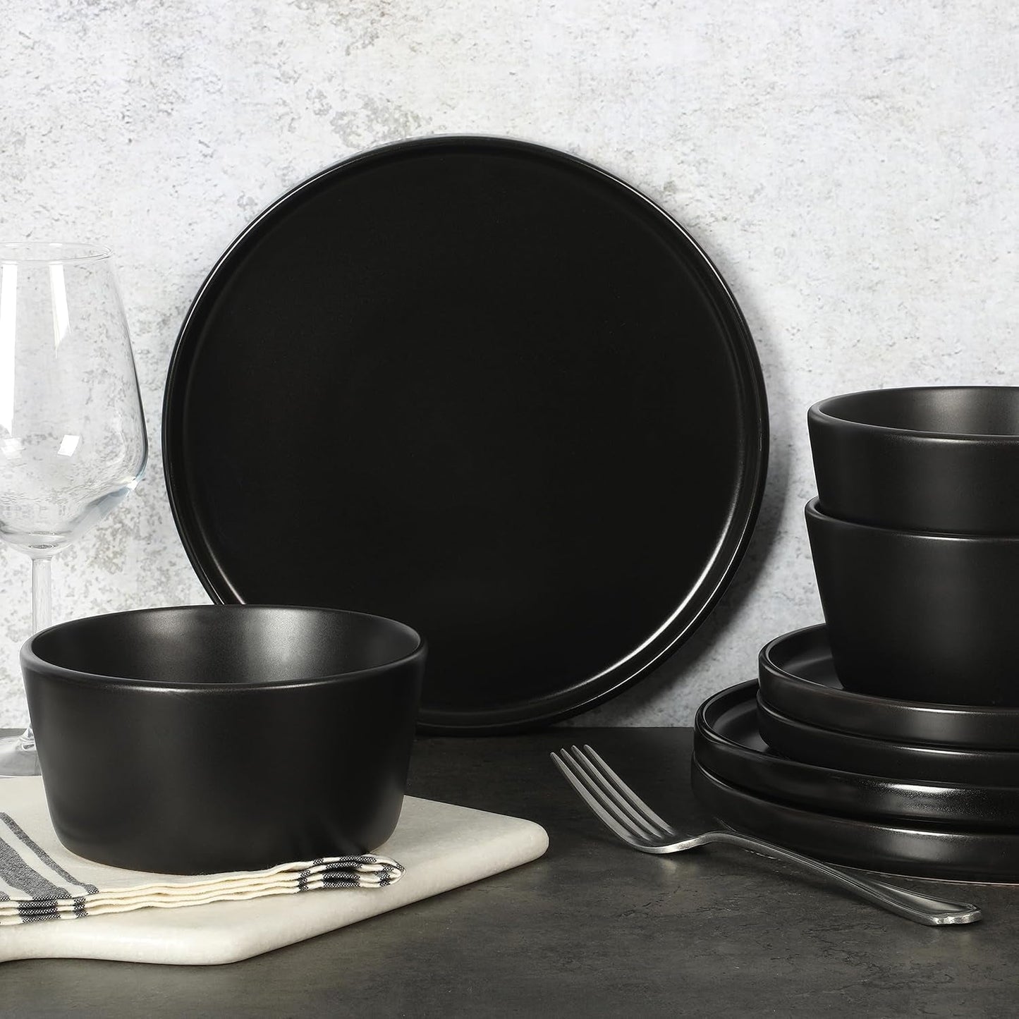 Service de table Bowery, 32 pièces, noir mat, grès, assiettes, bols et tasses, pour 8 personnes