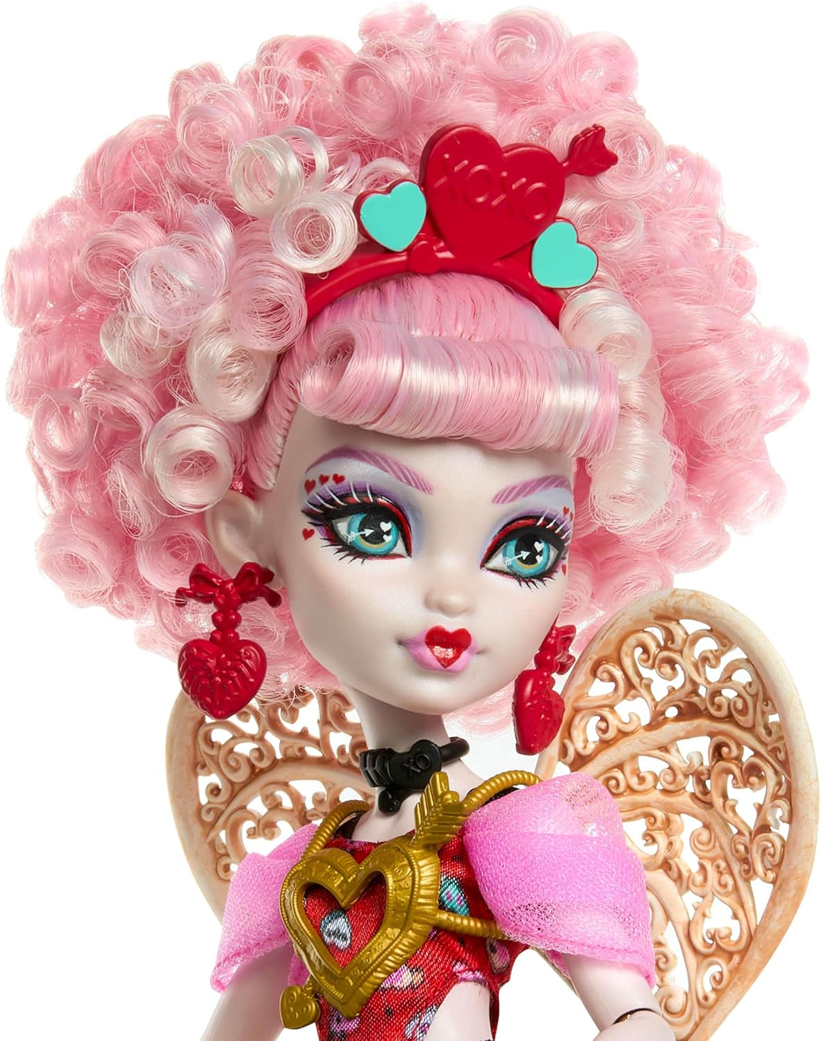 Poupée Monster High Scary Sweet Birthday Cupidon Asteria en robe de soirée rose et rouge avec accessoires à thème comme une invitation, un ballon, un cadeau et plus encore, JBG77