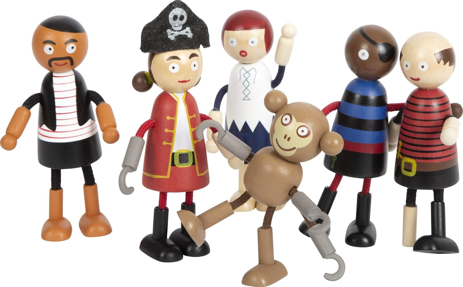Poupées pirates en bois flexibles Small Foot, 5 pirates et 1 singe, détaillées et flexibles, à partir de 3 ans, 12412