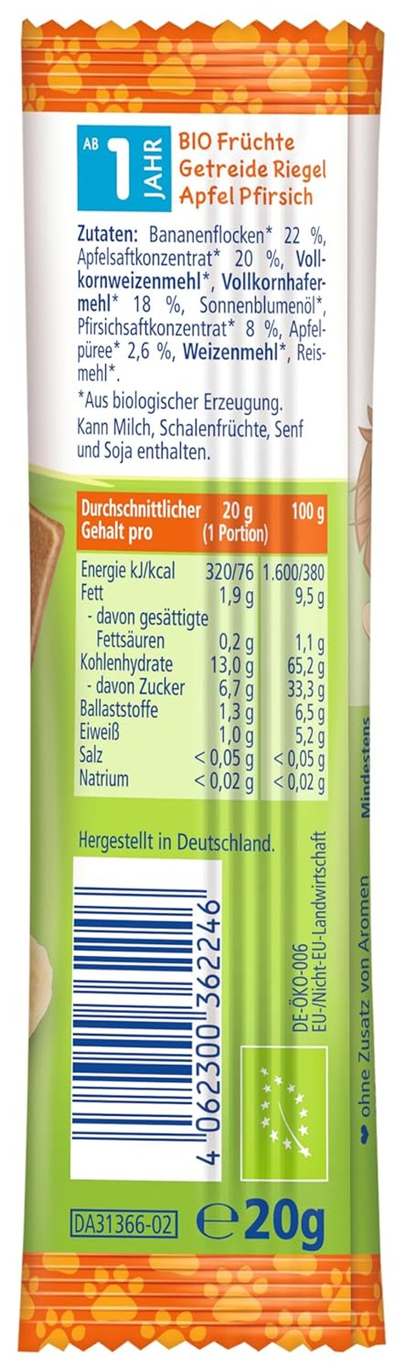Barres de muesli HiPP Lion à l'avoine croquante et aux pommes et pêches (24 x 20g), à partir de 1 an, sucrées uniquement avec des fruits, de la meilleure qualité biologique