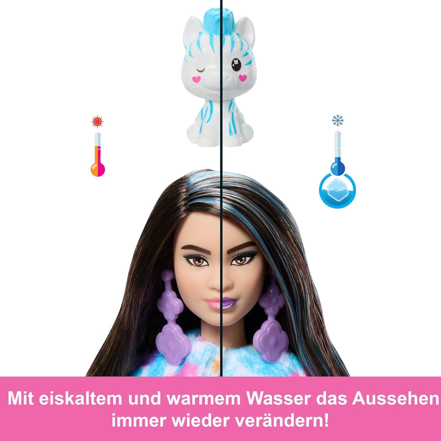 Barbie Cutie Reveal poupée et accessoires, tenue en peluche zèbre arc-en-ciel et 10 surprises changeantes de couleur, gamme Color Dream, HRK39