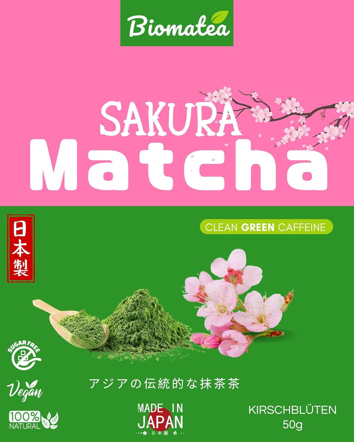Thé Matcha Sakura 50 g – Qualité cérémonielle du Japon – Thé vert de qualité supérieure avec poudre de fleur de Sakura – Première récolte, moulu sur pierre, végétalien, sans additifs