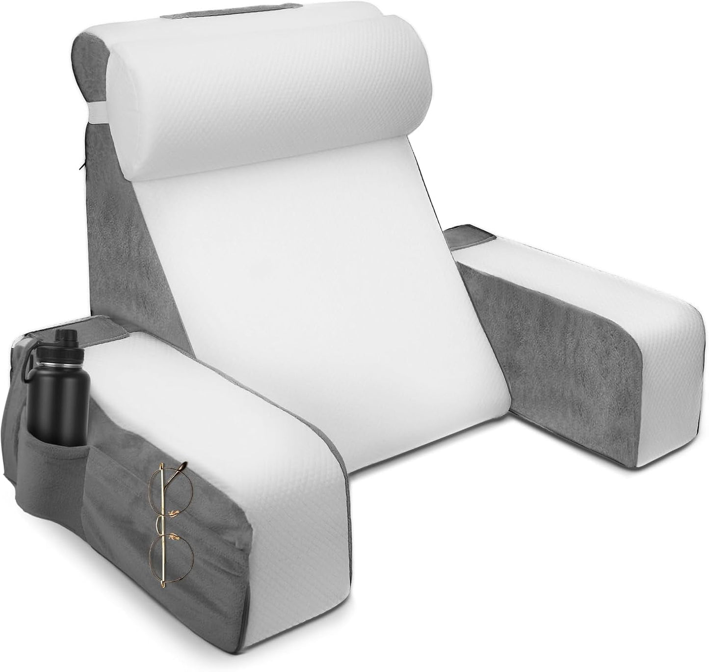 Grand coussin de lecture avec repose-nuque et accoudoirs amovibles, coussin de dossier pour lit, coussin de dos ergonomique avec bras, poche et housse lavable pour lire et regarder la télévision.