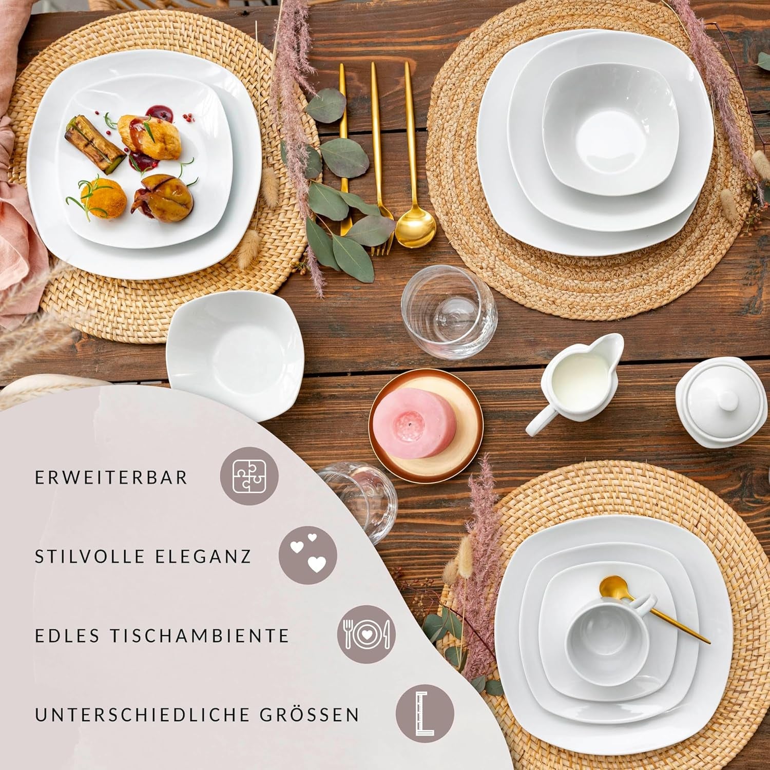 SANGER | Service de table Bilgola blanc, service de table en porcelaine 24 pièces pour 6 personnes, assiettes carrées, assiettes à dîner | LA COLLECTION PREMIUM