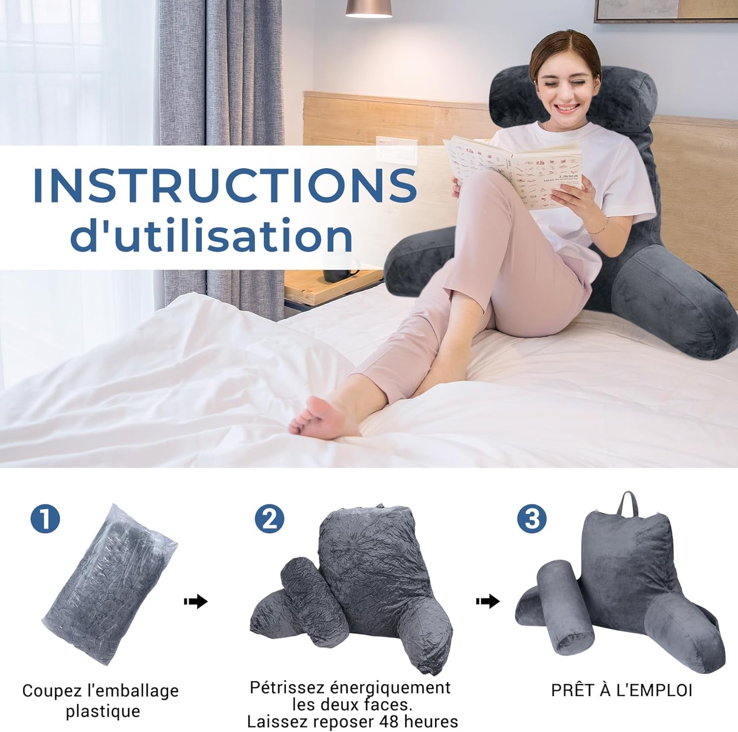 Oreiller de lecture ergonomique INFANTIA avec accoudoirs, support dorsal, grand, gris