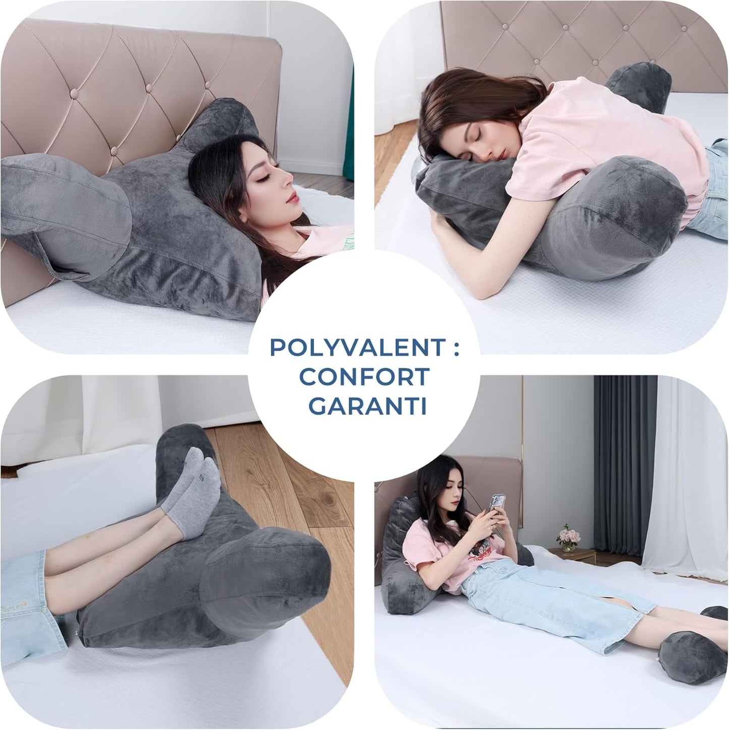 INFANZIA Oreiller de lecture ergonomique avec accoudoirs, dossier en mousse à mémoire de forme, gris, M