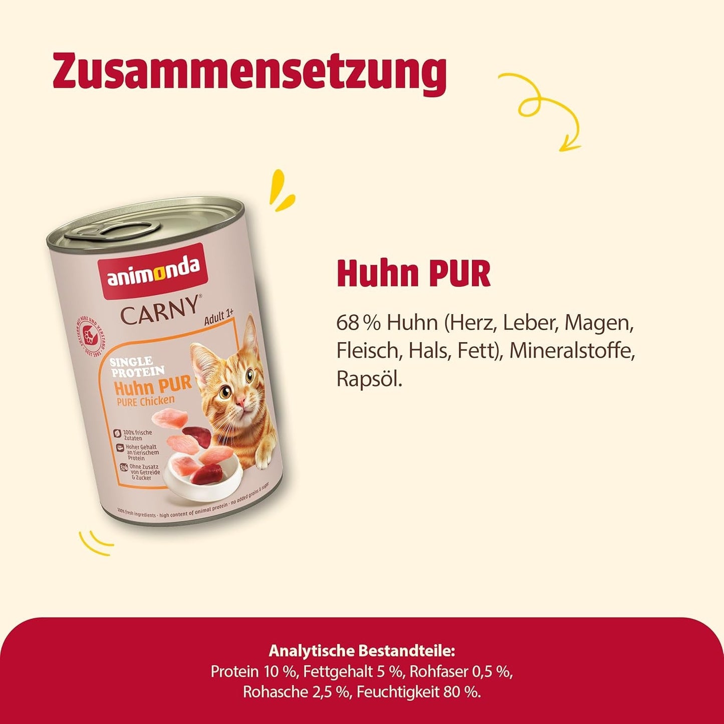 animonda Carny Adult Single Protein Pure Chicken (6 x 400g), nourriture humide pour chats adultes avec une seule source de protéines, nourriture humide pour chats adultes, sans céréales et sans sucre